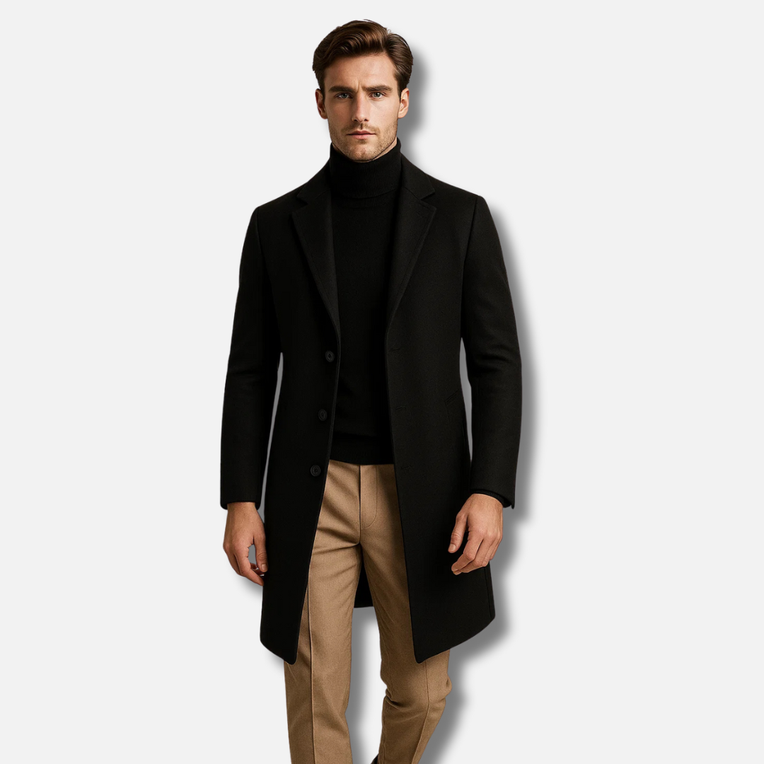 Bellanoa | Men’s Solid Notch Lapel Single-Breasted Mid-Length Coat