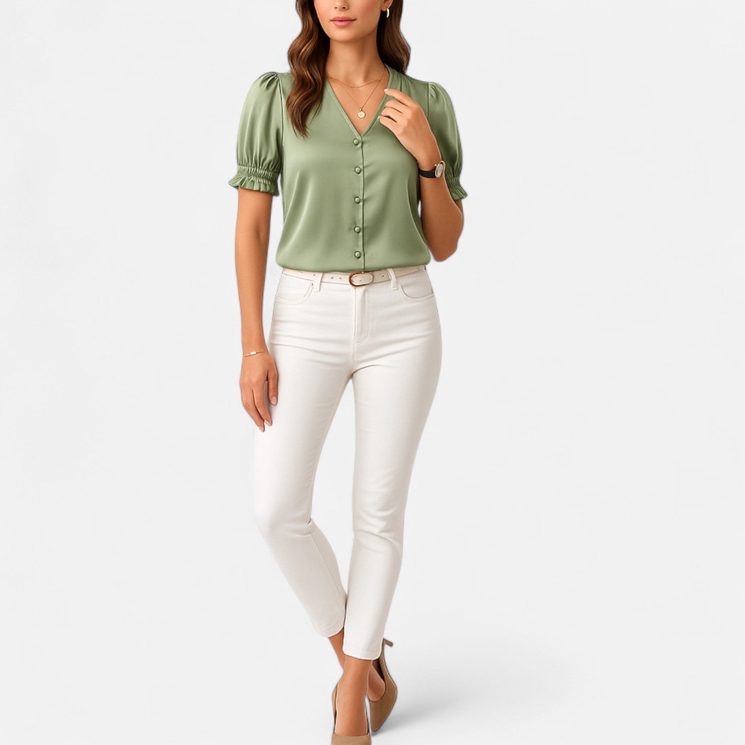 Bellanoa | Women’s Satin Blouse with Ruffled Sleeves & Button Front