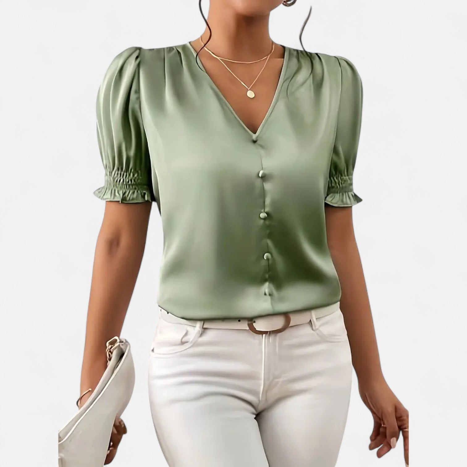 Bellanoa | Women’s Satin Blouse with Ruffled Sleeves & Button Front
