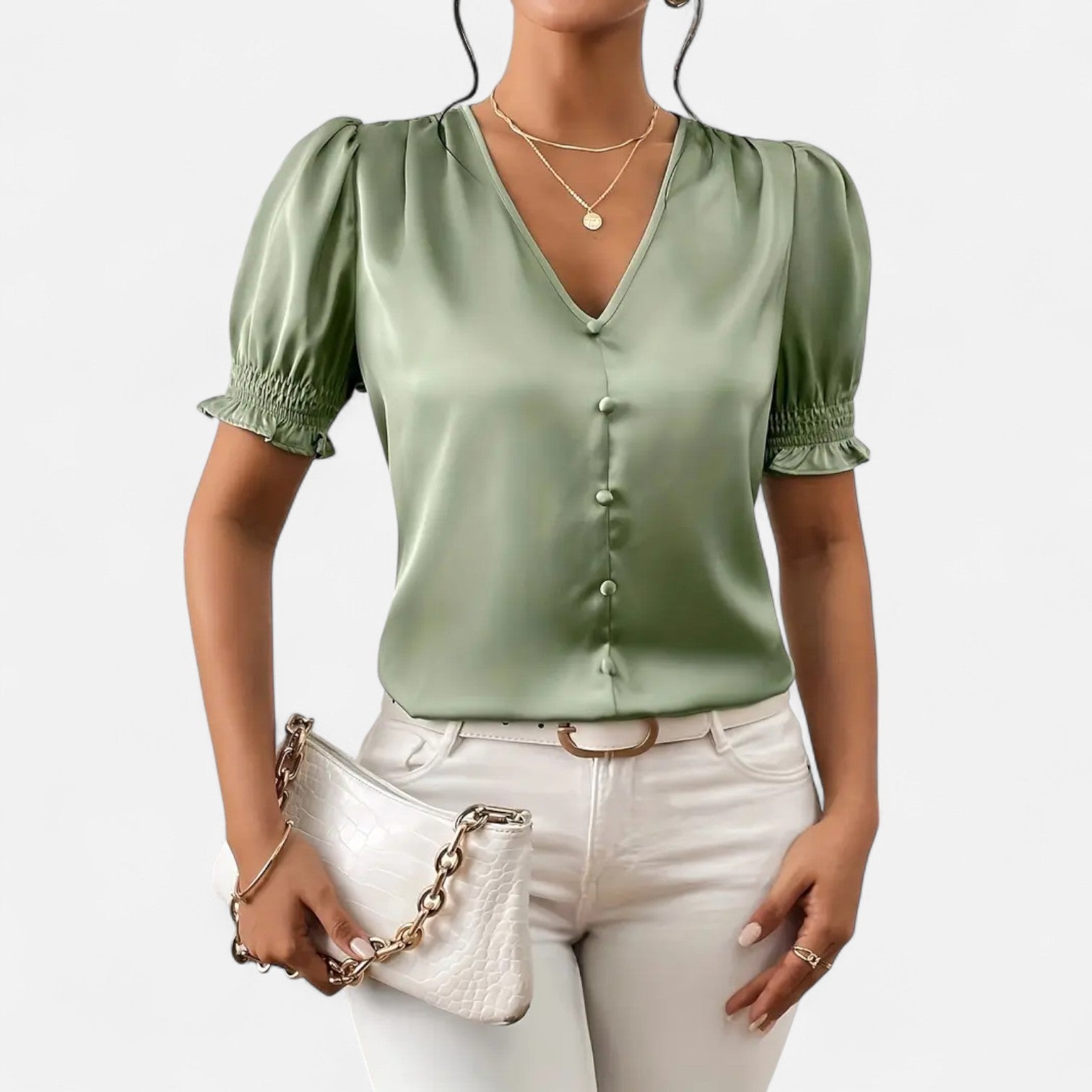 Bellanoa | Women’s Satin Blouse with Ruffled Sleeves & Button Front