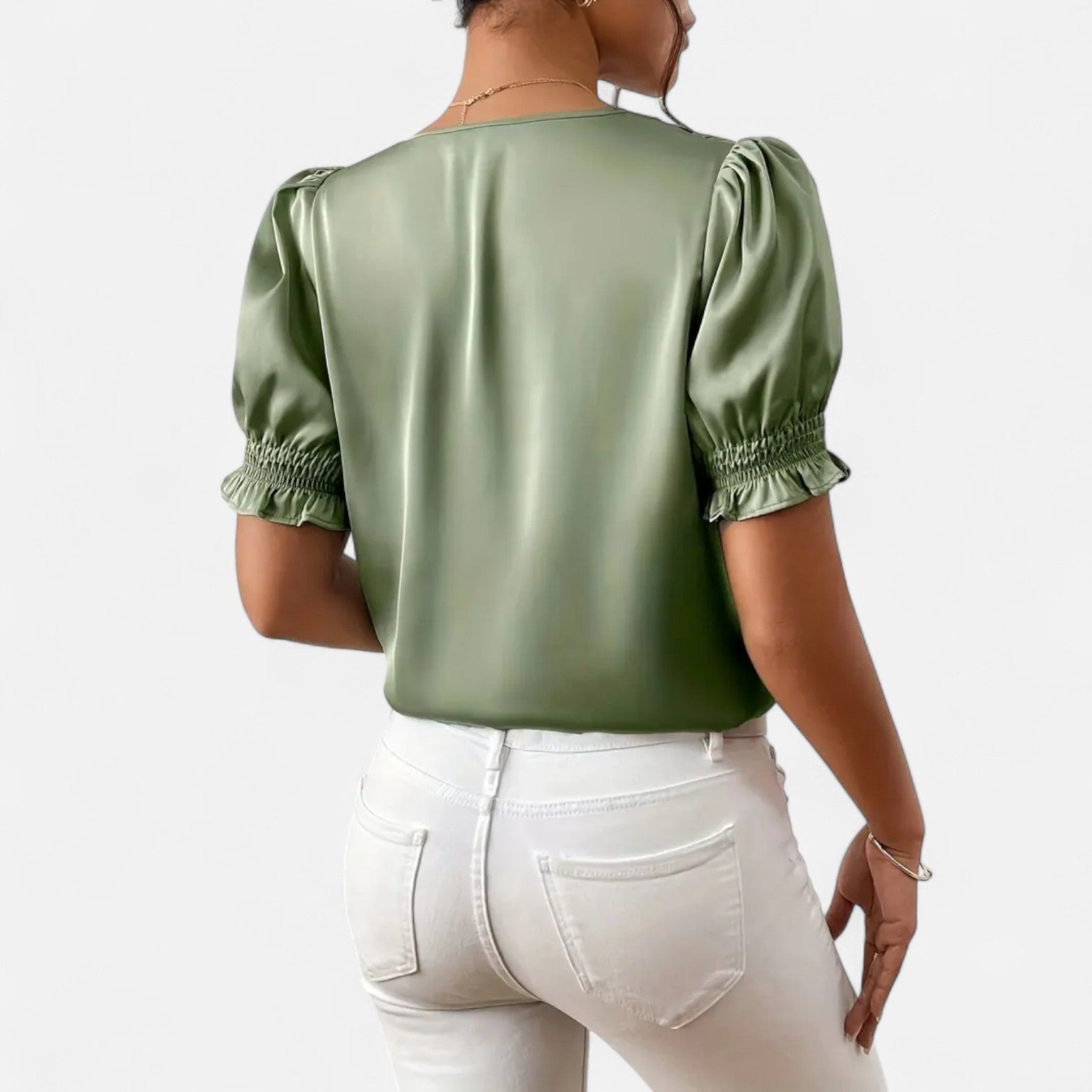 Bellanoa | Women’s Satin Blouse with Ruffled Sleeves & Button Front