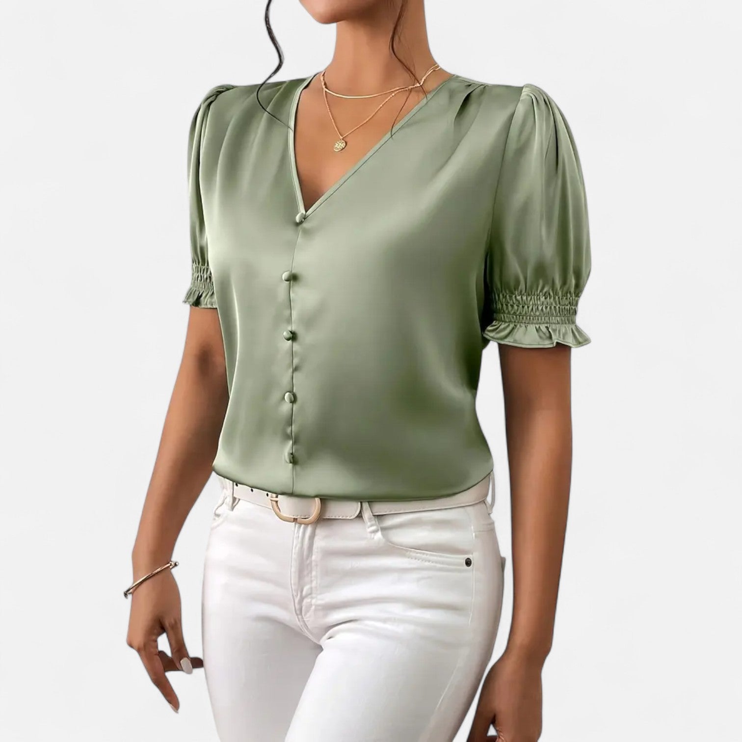 Bellanoa | Women’s Satin Blouse with Ruffled Sleeves & Button Front