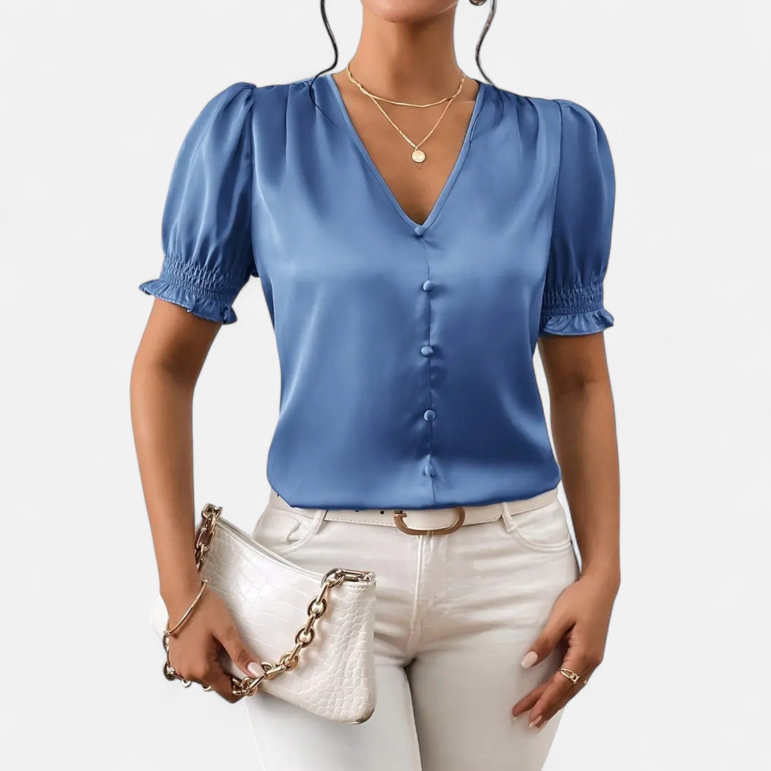 Bellanoa | Women’s Satin Blouse with Ruffled Sleeves & Button Front