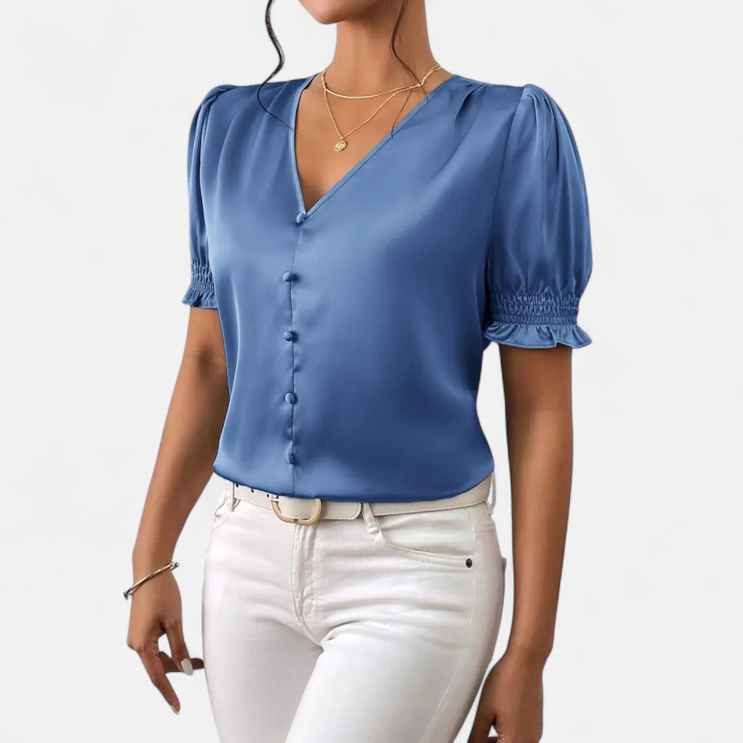 Bellanoa | Women’s Satin Blouse with Ruffled Sleeves & Button Front