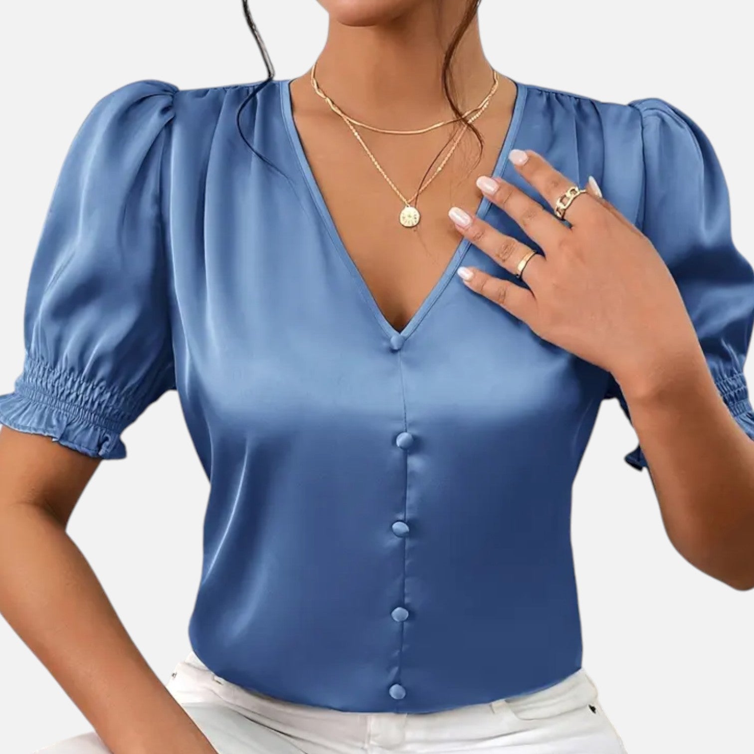 Bellanoa | Women’s Satin Blouse with Ruffled Sleeves & Button Front