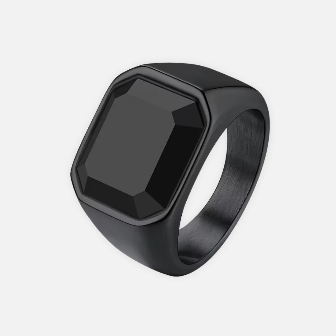 Noviqlo | Stainless Steel Square Signet Ring with Black Synthetic Stone